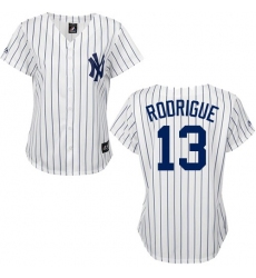 Women's Majestic New York Yankees #13 Alex Rodriguez Replica White/Black Strip MLB Jersey