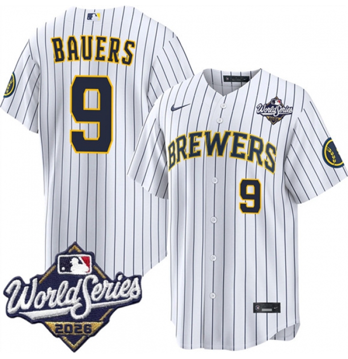 Men's Milwaukee Brewers #9 Jake Bauers White 2026 World Series Stitched Baseball Jersey