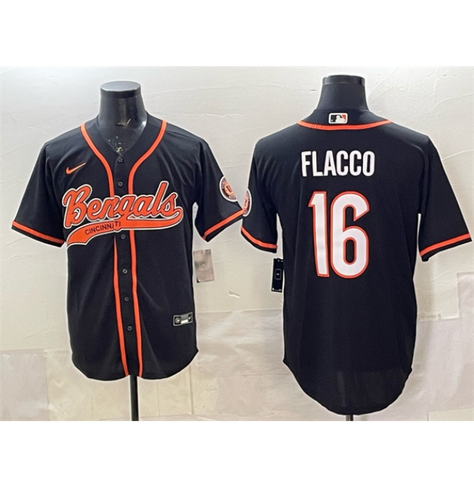 Men's Cincinnati Bengals #16 Joe Flacco Black With Cool Base Stitched Baseball Jersey