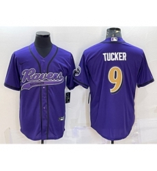 Men's Baltimore Ravens #9 Justin Tucker Purple Gold With Patch Cool Base Stitched Baseball Jersey